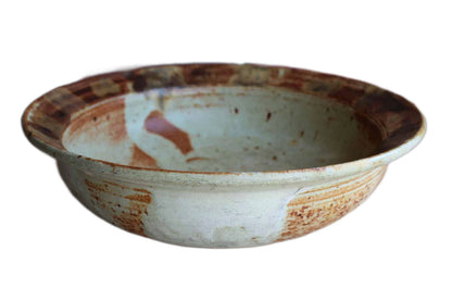 Large Round Stoneware Bowl with Brown and Ochre Painted Rim