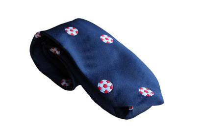 Pintail Polyester Necktie Decorated with Red and White Soccer Balls on Navy Blue Background