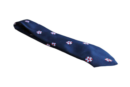 Pintail Polyester Necktie Decorated with Red and White Soccer Balls on Navy Blue Background