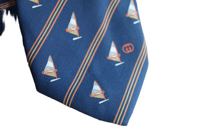 Gucci (Italy) 100% Silk Necktie with Windsails and Diagonal Stripes on Navy Blue Background