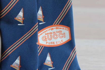Gucci (Italy) 100% Silk Necktie with Windsails and Diagonal Stripes on Navy Blue Background