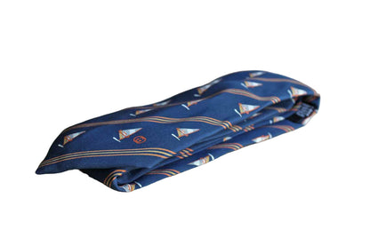 Gucci (Italy) 100% Silk Necktie with Windsails and Diagonal Stripes on Navy Blue Background