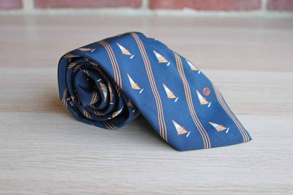 Gucci (Italy) 100% Silk Necktie with Windsails and Diagonal Stripes on Navy Blue Background