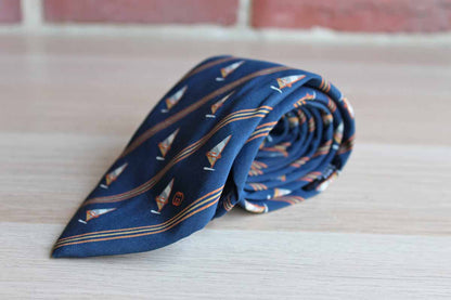 Gucci (Italy) 100% Silk Necktie with Windsails and Diagonal Stripes on Navy Blue Background