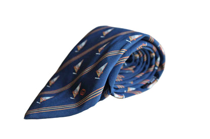 Gucci (Italy) 100% Silk Necktie with Windsails and Diagonal Stripes on Navy Blue Background