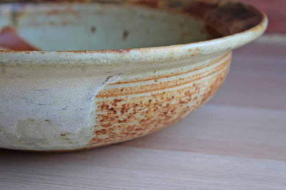 Large Round Stoneware Bowl with Brown and Ochre Painted Rim