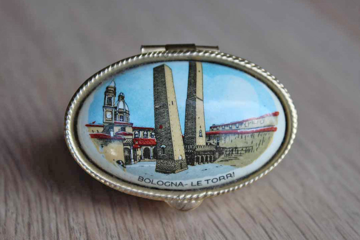 Ceramic Pill Box with Hinged Lid Decorated with the Two Towers of Bologna, Italy