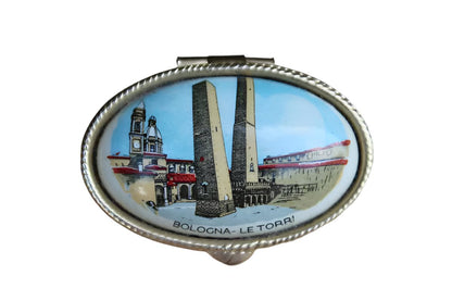 Ceramic Pill Box with Hinged Lid Decorated with the Two Towers of Bologna, Italy