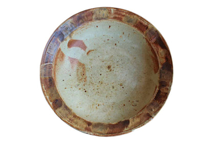 Large Round Stoneware Bowl with Brown and Ochre Painted Rim