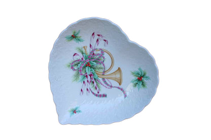 Mikasa (Japan) Noel Heart-Shaped Bone China Dish with Candy Canes, Holly, and Horn