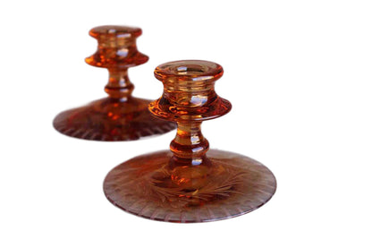 Pink Depression Glass Candlesticks with Etched Floral Rim, A Pair