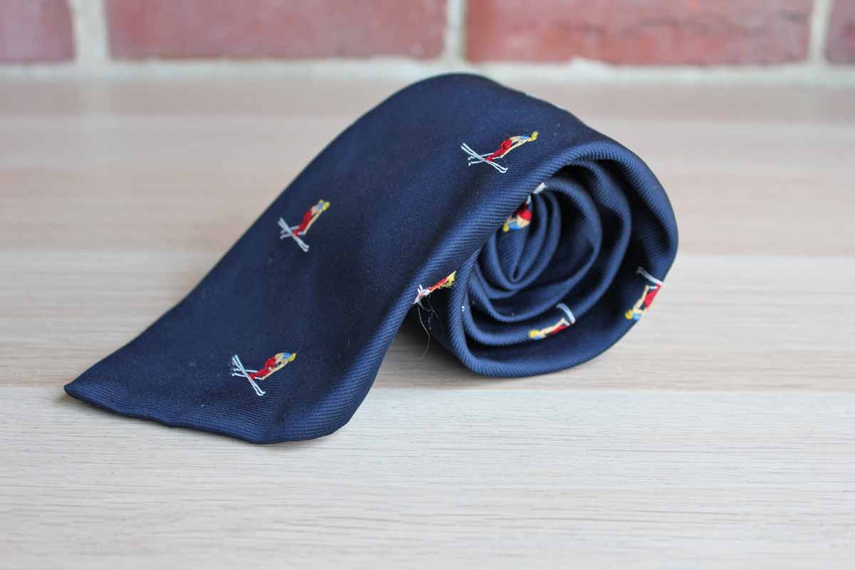 Polyester Necktie Decorated with Repeating Pattern of Colorful Racing Alpine Skiers