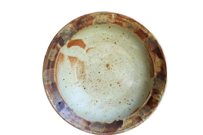Large Round Stoneware Bowl with Brown and Ochre Painted Rim
