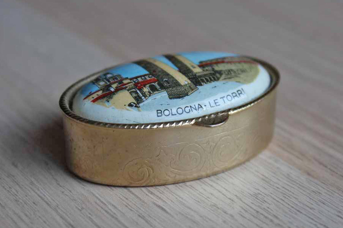 Ceramic Pill Box with Hinged Lid Decorated with the Two Towers of Bologna, Italy