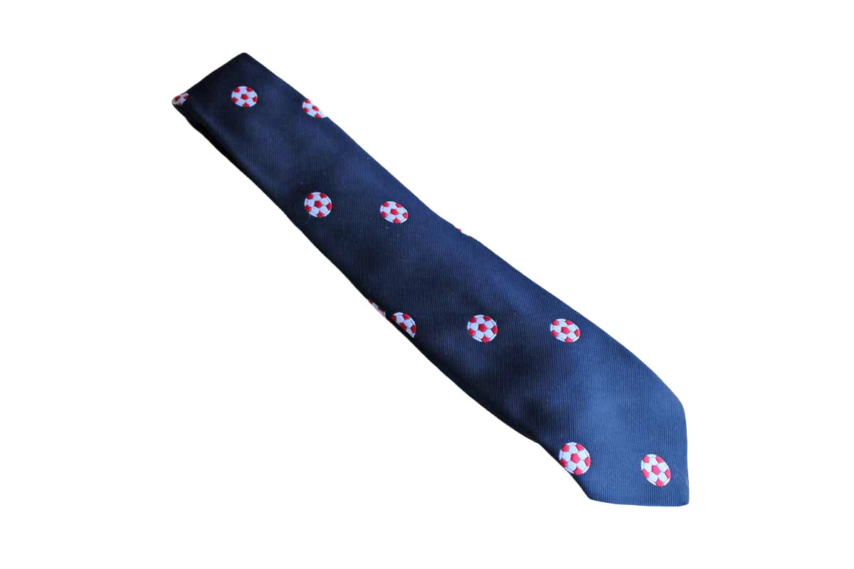 Pintail Polyester Necktie Decorated with Red and White Soccer Balls on Navy Blue Background