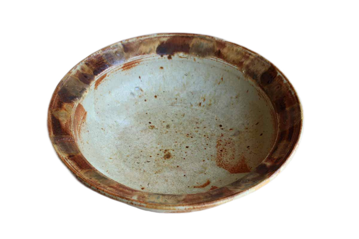 Large Round Stoneware Bowl with Brown and Ochre Painted Rim