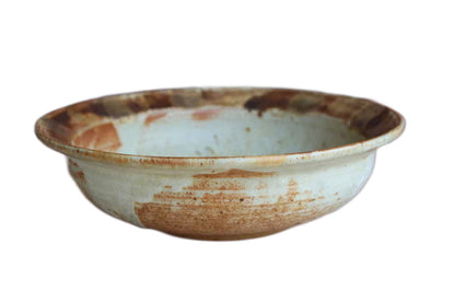 Large Round Stoneware Bowl with Brown and Ochre Painted Rim