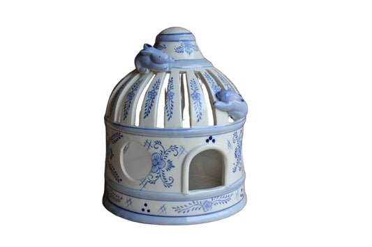 Ceramic Blue and White Painted Birdcage Hanging or Table Lantern Base