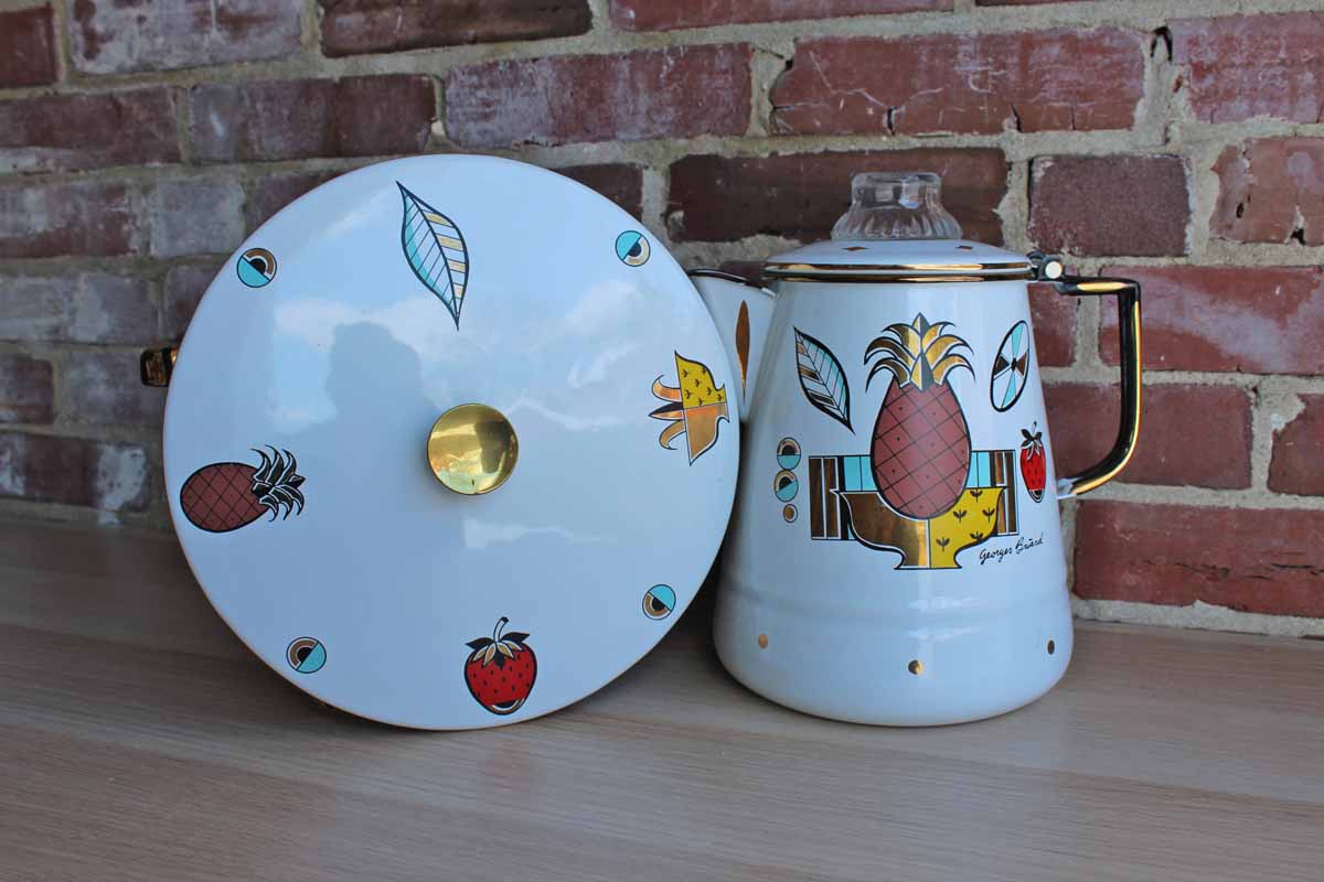 Georges Briard (USA) Colorfully Decorated Pineapple Ambrosia Enameled Coffee Percolator and Covered Pot, Both with Matching Sterno Cradles (Pickup Only)