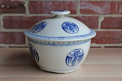 Blue and White Lidded Soup Tureen with Asian Bird Designs