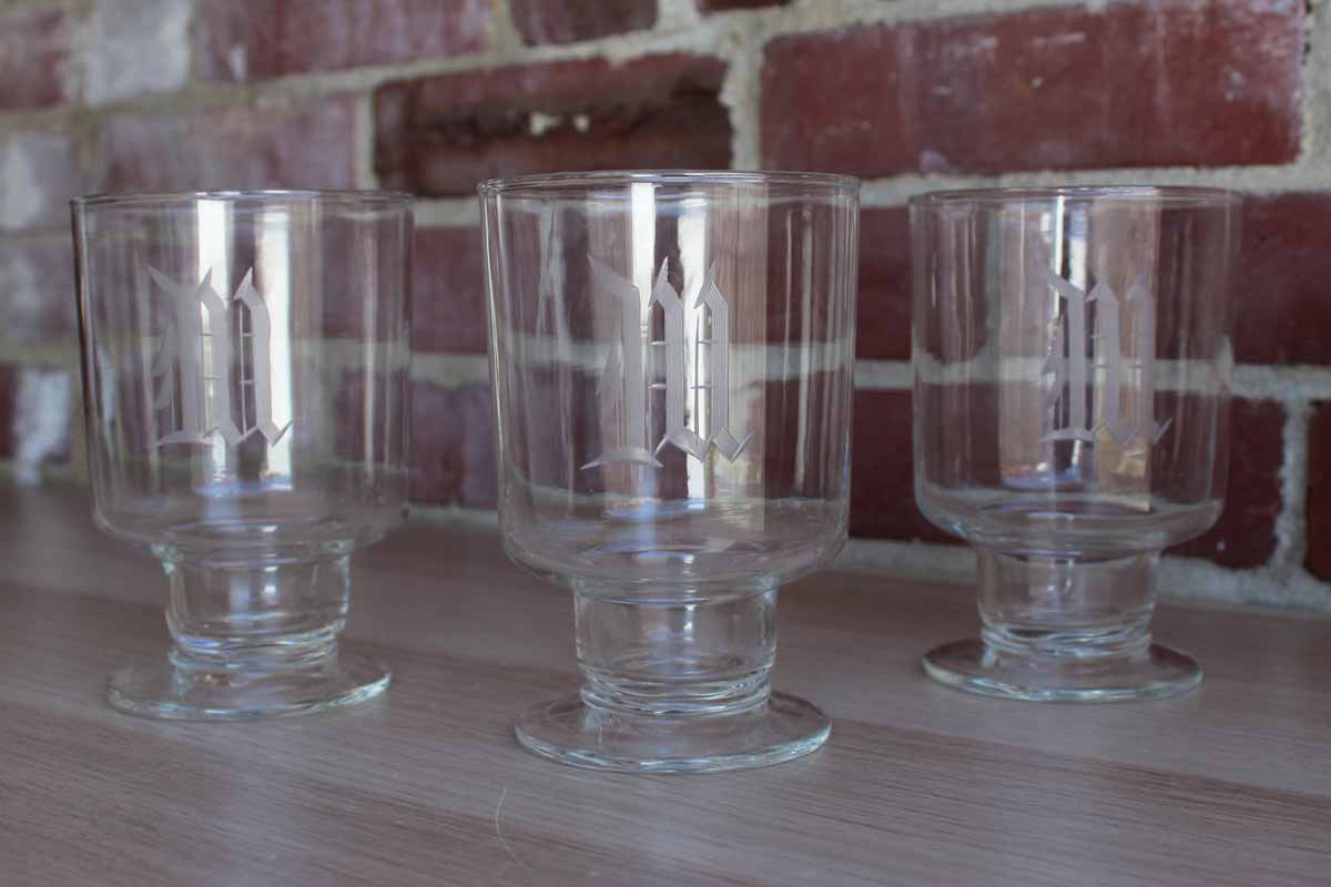 Set of Drink Glasses with Etched "M" Monogram, 9 Pieces