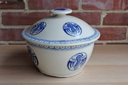 Blue and White Lidded Soup Tureen with Asian Bird Designs