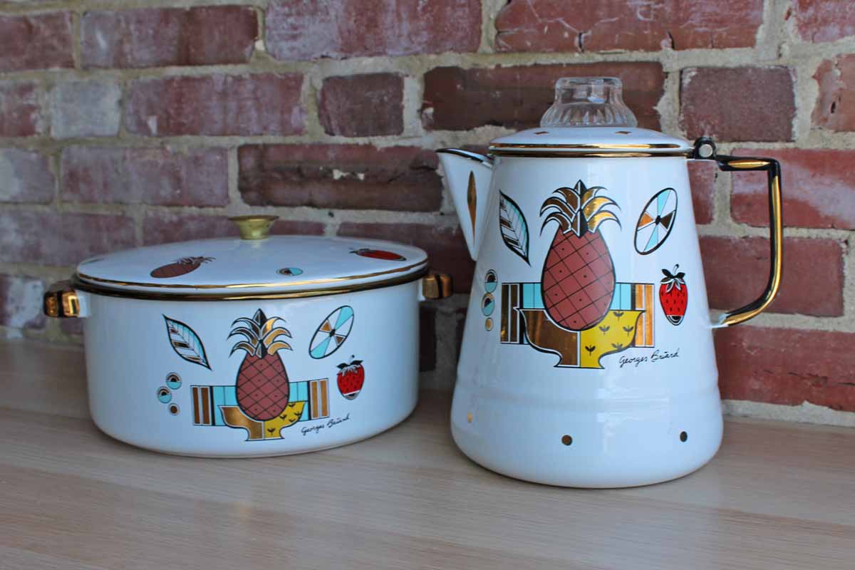 Georges Briard (USA) Colorfully Decorated Pineapple Ambrosia Enameled Coffee Percolator and Covered Pot, Both with Matching Sterno Cradles (Pickup Only)