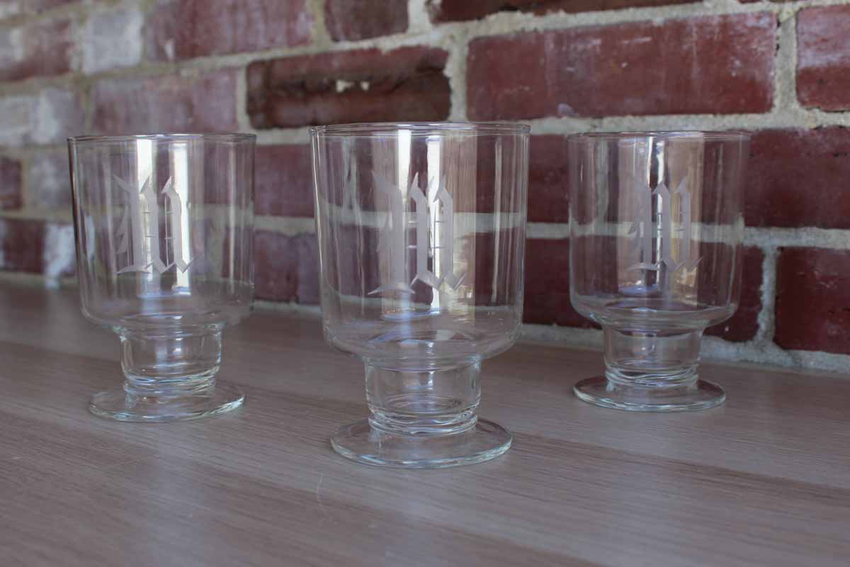 Set of Drink Glasses with Etched "M" Monogram, 9 Pieces