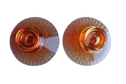 Pink Depression Glass Candlesticks with Etched Floral Rim, A Pair