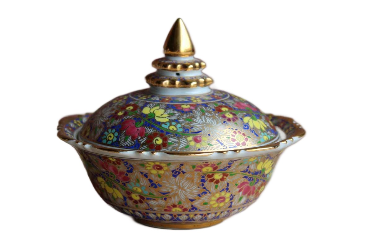 Trinket Box with Densly Painted Flowers and Gold Accents
