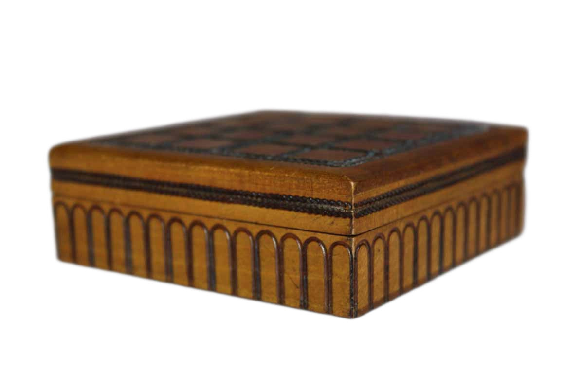Polish Hand Carved Square Ornamental Wood and Wire Hinged Lidded Trinket Box
