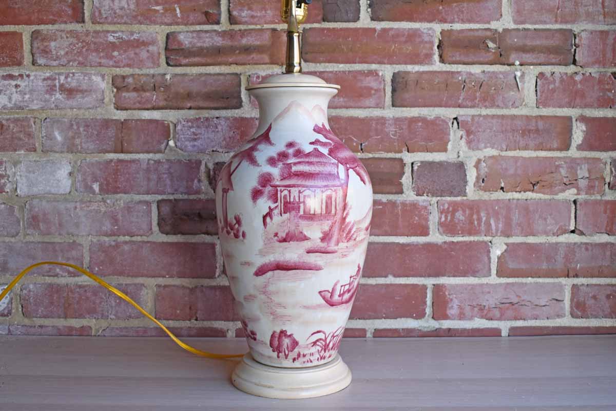 Large Urn-Shaped Ceramic Lamp with Red Hand-Painted Landscape Scene