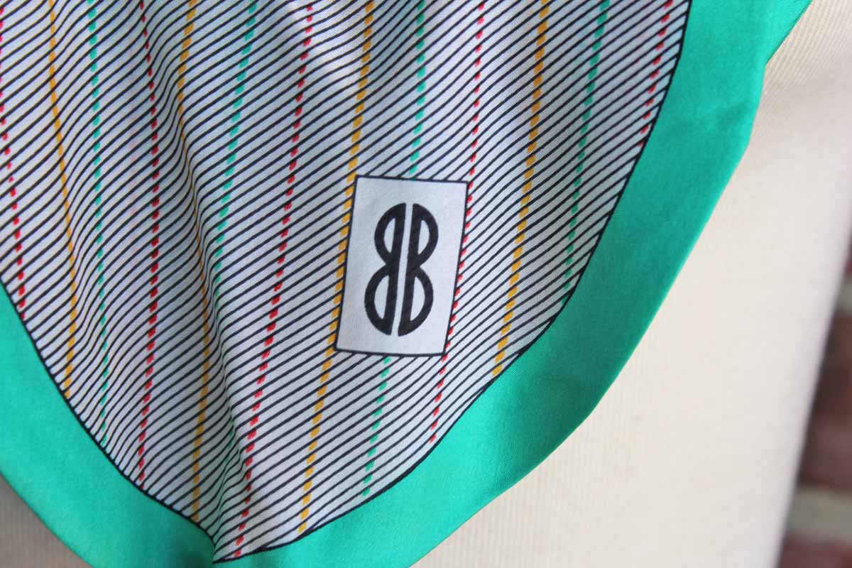 Bill Blass (USA) Colorful Striped Silk Neckerchief with Teal Border