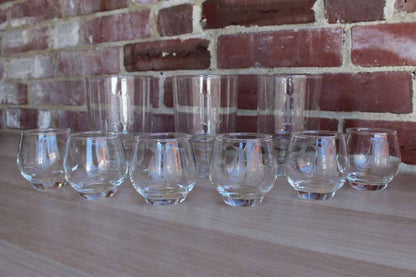 Set of Drink Glasses with Etched "M" Monogram, 9 Pieces