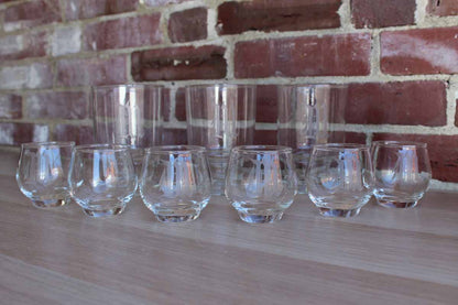 Set of Drink Glasses with Etched "M" Monogram, 9 Pieces