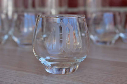 Set of Drink Glasses with Etched "M" Monogram, 9 Pieces