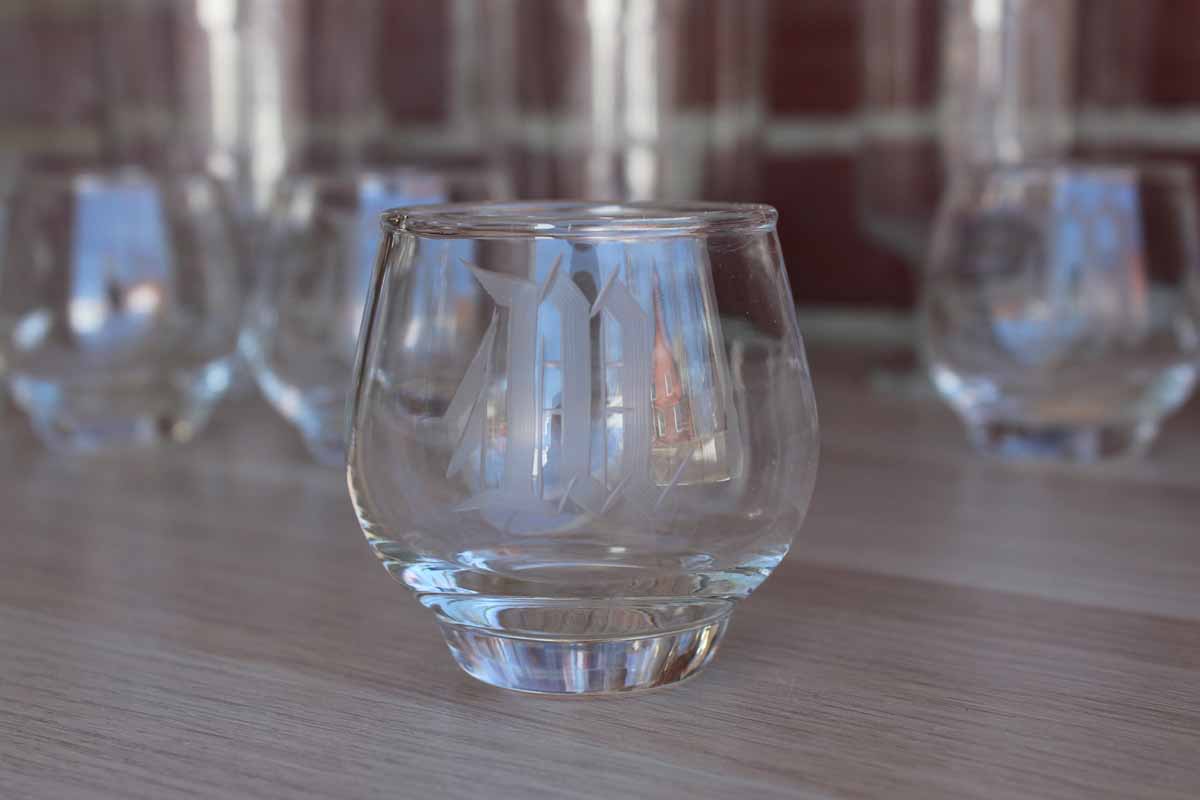 Set of Drink Glasses with Etched "M" Monogram, 9 Pieces