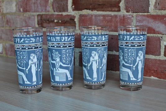 Hazel Atlas Glass Company (West Virginia, USA) Wedgwood Blue Tall Rocks Glasses with Egyptian Characters, Set of 4