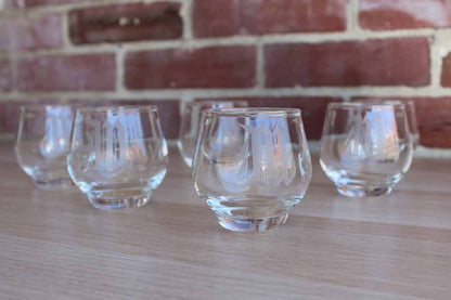 Set of Drink Glasses with Etched "M" Monogram, 9 Pieces