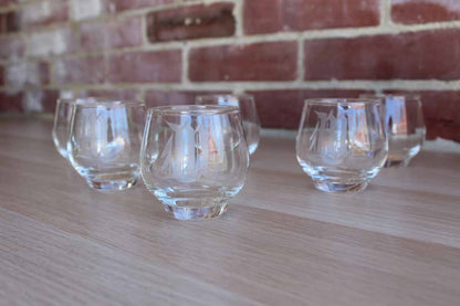 Set of Drink Glasses with Etched "M" Monogram, 9 Pieces
