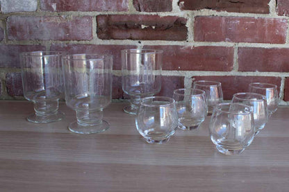 Set of Drink Glasses with Etched "M" Monogram, 9 Pieces