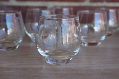 Set of Drink Glasses with Etched "M" Monogram, 9 Pieces