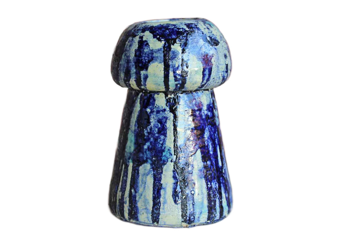Handmade Ceramic Mid-Century Modern Vase with Blue Dripped Glaze