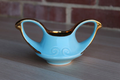 Robin's Egg Blue Ceramic Sugar Bowl with Gilded Handles