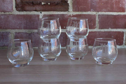 Set of Drink Glasses with Etched "M" Monogram, 9 Pieces