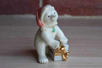 Lenox (China) Porcelain Christmas Bear Cub with Pink Hat and Gold Accents