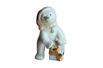 Lenox (China) Porcelain Christmas Bear Cub with Pink Hat and Gold Accents