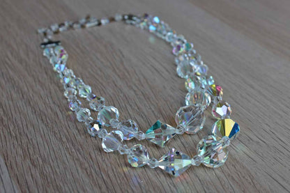 Aurora Borealis Double Strand Graduated Crystal Bead Choker Necklace