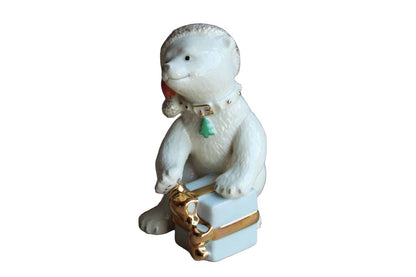 Lenox (China) Porcelain Christmas Bear Cub with Pink Hat and Gold Accents
