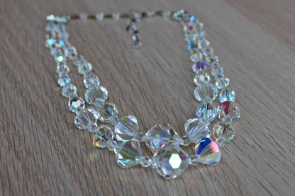 Aurora Borealis Double Strand Graduated Crystal Bead Choker Necklace